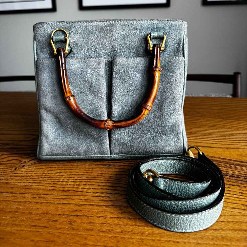 Vintage Gucci 2-Way Top Handle Crossbody Bag in Light Teal Suede